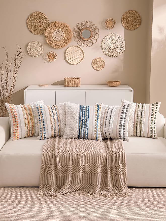 Boho Chenille Tufted Couch Throw Pillow Covers 18x18 Inch Set of 2 Farmhouse Striped Decorative Pillow Covers Accent Neutral Square Pillowcase Green Cushion Covers for Livingroom Sofa Bed-Ruum Studio Home