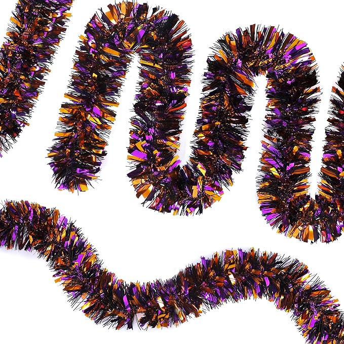 SAOROPEB 4 Pieces 26.4 Ft Halloween Tinsel Garland Metallic Shiny Twist Garland Hanging Decorations for Halloween Party Indoor and Outdoor Decor - Black Orange and Purple-Ruum Studio Home