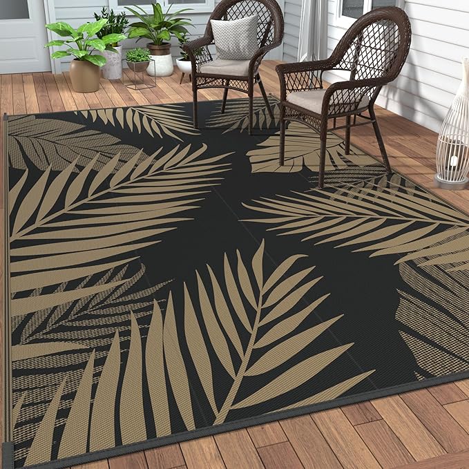 GENIMO Outdoor Rug 8' x 10' Waterproof for Patios Clearance, Reversible Outdoor Plastic Straw Camping Rug Carpet, Large Area Rugs Mats for RV, Camper, Deck, Balcony, Porch, Beach, Picnic, Black&Brown-Ruum Studio Home