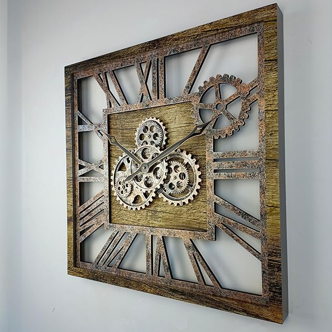 The Gears Clock 24'' Inch Square Real Moving Gear Wall Clock Vintage Industrial Oversized Rustic Farmhouse (Gold Antique)