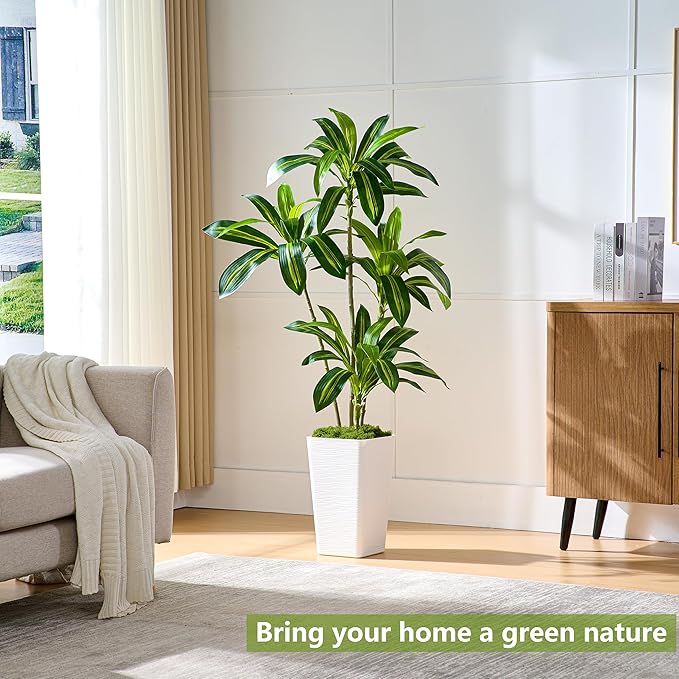 Artificial Dracaena Tree Artificial Silk Tree Faux Tree Fake Tropical Yucca Floor Plant with White Tall Planter (1, White Tall Planter, 5FT)-Ruum Studio Home