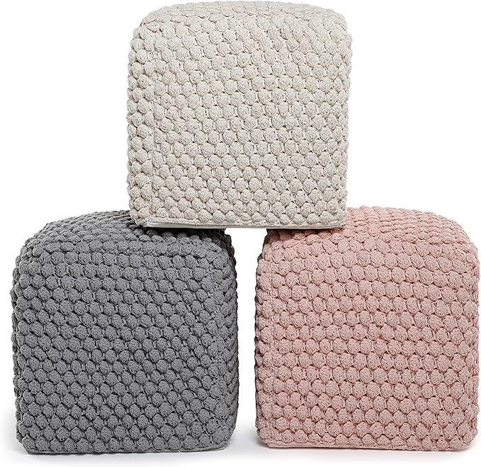 BIRDROCK HOME Buds Pouf Foot Stool Ottoman - Knit Bean Bag Floor Chair - Cotton Braided Cord - Great for The Living Room, Bedroom and Kids Room - Small Furniture (Grey - Buds)-Ruum Studio Home