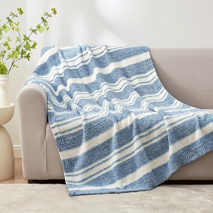 Snuggle Sac Stripe Blue Blankets Luxurious Microfiber Fabric, Reversible Super Soft Bedding Blankets Warm Cozy Knit Fuzzy Plush Blanket for Bed,Couch,Sofa,Living Room, Blue Stripe,60x80 inches-Ruum Studio Home