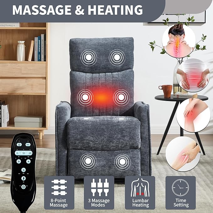 Manual Swivel Rocker Recliner Chair for Adults, Overstuffed Reclining Glider Chair for Nursing with Vibration Massage & Heat, Living Room Rocking Recliner 2-Stage backrest, Chenille Fabric Blue-Ruum Studio Home