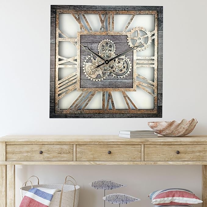 The Gears Clock 24'' Inch Square Real Moving Gear Wall Clock Vintage Industrial Oversized Rustic Farmhouse (Carbon Grey)-Ruum Studio Home