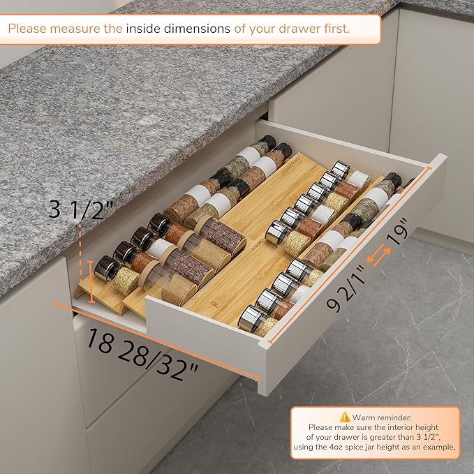 AMBIRD Bamboo Spice Drawer Organizer with Non-slip Mat,4 Tier - 2 Set Jar Spice Rack Tray From 9.5''to 19'', Seasoning Organizer for Kitchen,Cabinet,Drawers,Countertop-Ruum Studio Home