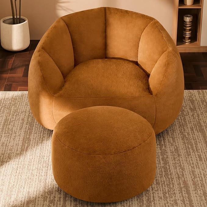 Giant Bean Bag Chaise Lounge Indoor Chair for Adults - Comfy Plush Round Shell Soft Accent Chair, Oversized Cozy Floor Sofa for Living Room, Bedroom & Game Rooms, Orange-Ruum Studio Home
