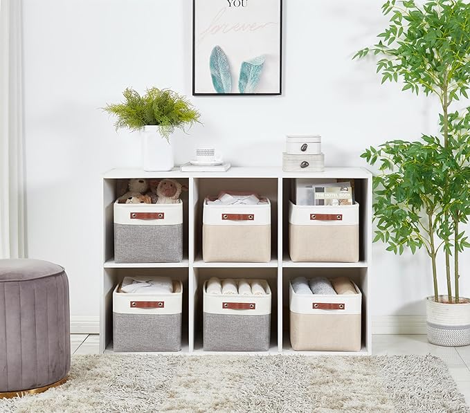 DECOMOMO Storage Bins Fabric Storage Baskets for Shelves, Linen Closet Organization Toys Nursery (Beige and White, Large - 4 Pack)-Ruum Studio Home