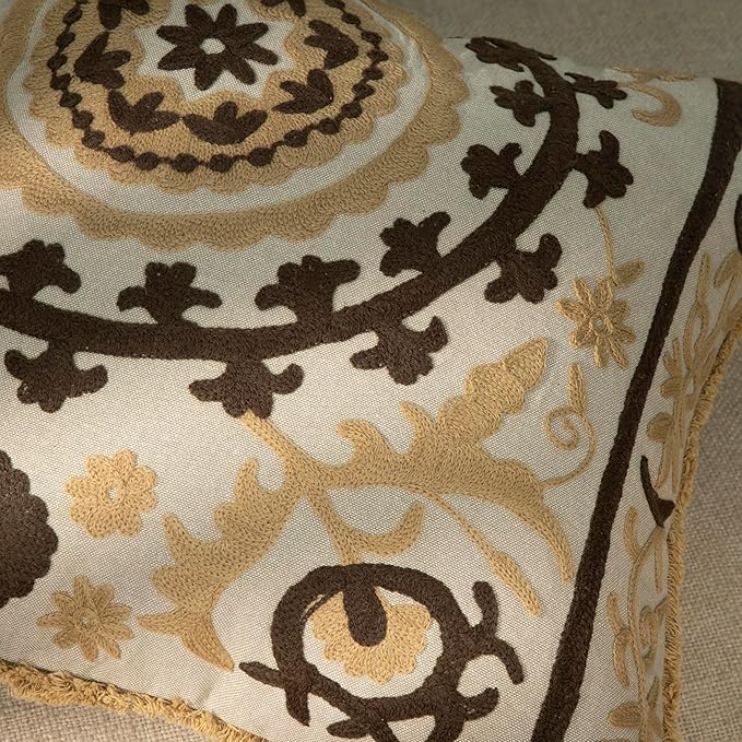 Embroidered Floral Mandala Vintage Indian Cotton Decorative Embroidery Throw Pillow Covers, Fringes Lace Cushion Cover, Pillow Case for Sofa Couch Bed Chair 18" x 18"-Ruum Studio Home