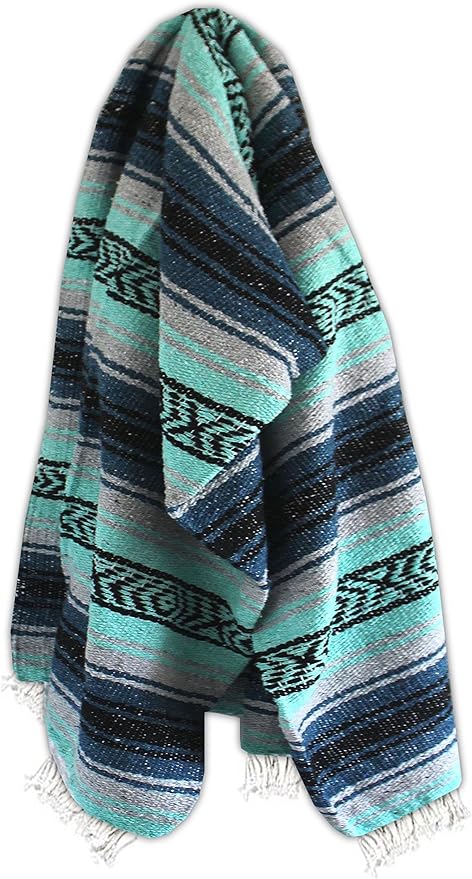 Del Mex Classic Mexican Blanket, Large Authentic Woven Falsa Throw (70"x50"), Artisan Southwest Décor for Beach, Yoga, Outdoors (Navy/Mint)-Ruum Studio Home