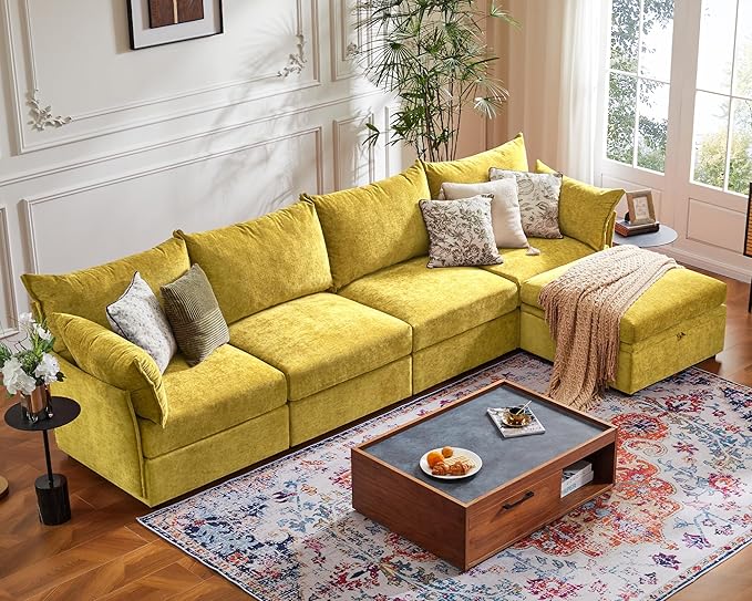 134.6" Luxury Modular Sectional Convertible Sofa with Storage Ottoman, L-Shape 5-Seat Oversized Comfy Couch Deep Seat with Reversible Chaise - Chenille Yellow-Ruum Studio Home