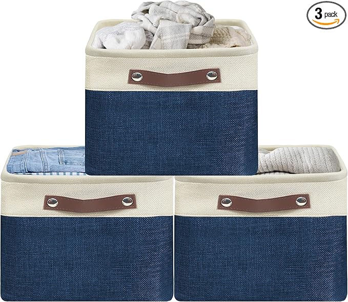 SIMPLE HOUSEWARE Large Fabric Storage Bin, 15" x 11" with Leather Like Handles, 3 Pack, Steel Blue-Ruum Studio Home