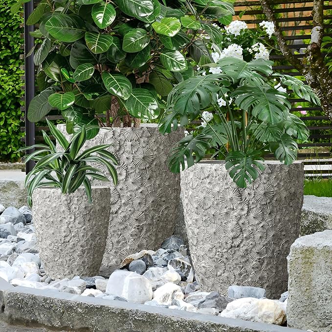 Craft flowerpots 16"+12"+10" Dia Round Concrete Planter Set of 3 Large Outdoor/Indoor Planter Pots Containers with Drainage Holes and Rubber Plug for Home Garden (Grey, Large)-Ruum Studio Home