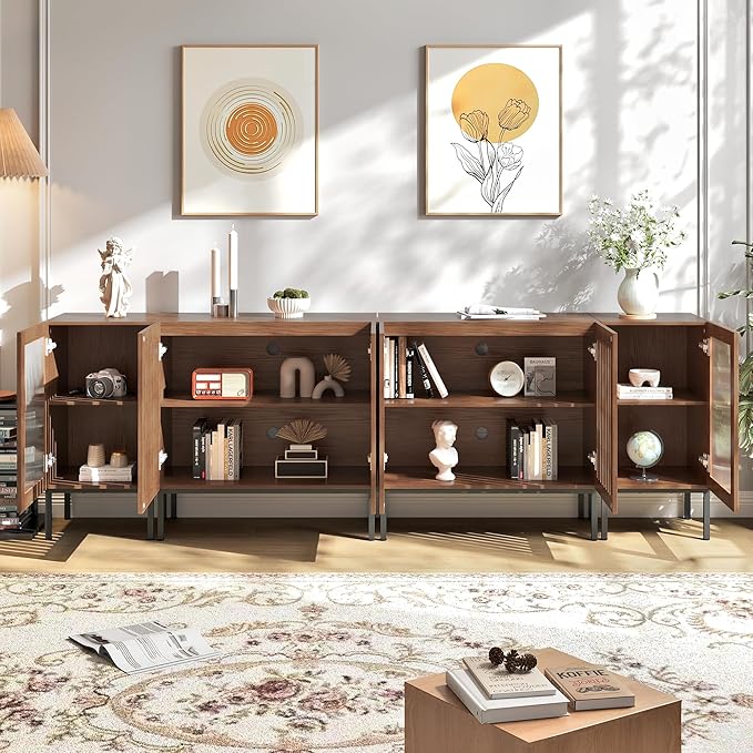 Farmhouse TV Stand for TVs up to 100 Inch, Entertainment Center TV Console with Storage Cabinets and Glass Doors,Media Console for Living Room,Brown-Ruum Studio Home
