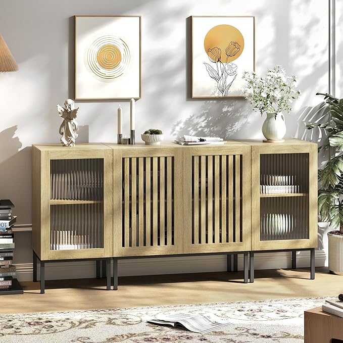 Farmhouse TV Stand for TVs up to 70 Inch, Entertainment Center TV Console with Storage Cabinets and Glass Doors,Media Console for Living Room,Oak-Ruum Studio Home