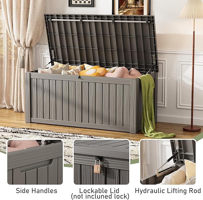 KAMABOKO Outdoor Storage Box, 120 Gallon Large Outdoor Resin Deck Box, Storage Waterproof Boxes Lockable Lid for Garden Tools, Pool Supplies, Patio Furniture and Cushions, Grey-Ruum Studio Home