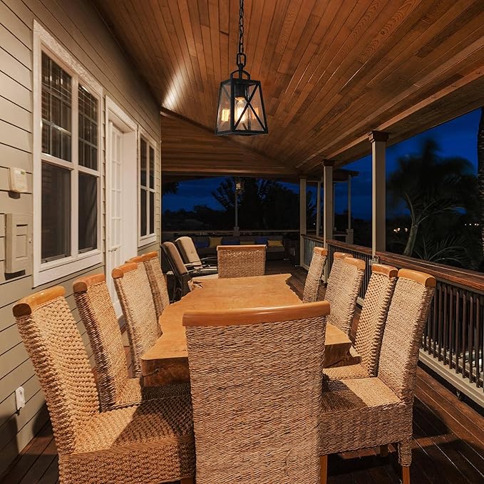 LOG BARN Outdoor Pendant Light Fixture, Farmhouse Exterior Lights, Anti-Rust Ceiling Outdoor Light with Seeded Glass, Lantern Hanging Light for Front Door, Entry, Porch, and Gazebo-Ruum Studio Home