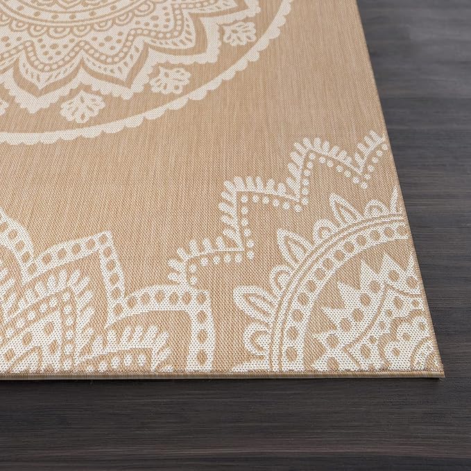 CAMILSON Outdoor Rug 6x9 Modern Area Rugs for Indoor and Outdoor Patios and Porches - Waterproof, Washable, Non-Shedding, Easy-to-Clean Outside Carpet (6 x 9, Medallion - Beige/White)-Ruum Studio Home