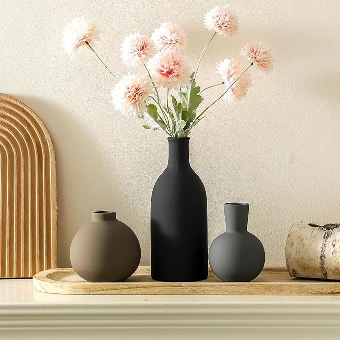 Ceramic Vase Set of 3 | Neutral Vases Home Decor | Modern Flower Pottery Vases Rustic Farmhouse Vase for Table Entryway Mantel Centerpiece Bookshelf Living Room Bathroom Bedroom -Multicolor Large-Ruum Studio Home