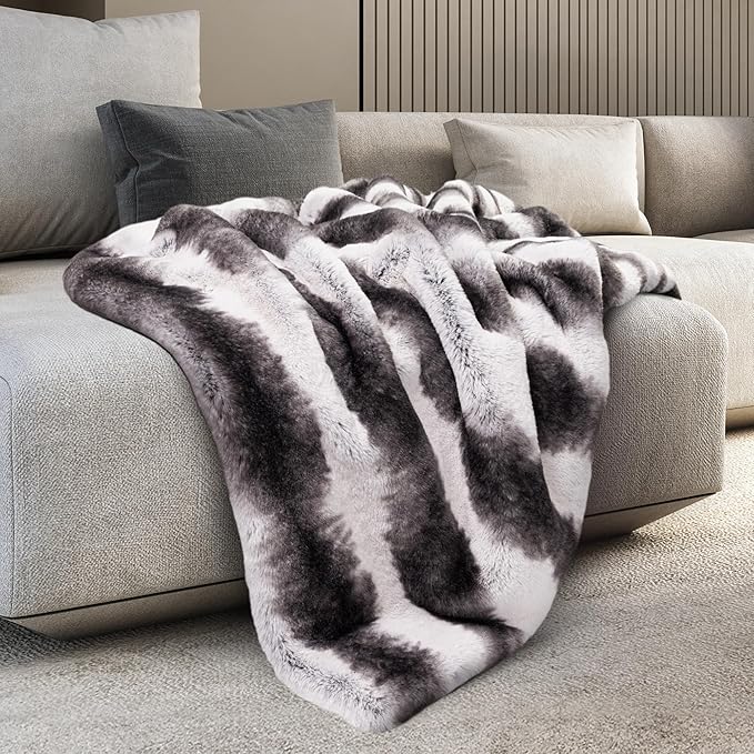 Mon Chateau Luxury Printed Faux Fur Throw with 6cm Foldover for Couch, Sofa, or Bed - Plush Ultra Soft Blanket for Sleeping or Home Décor, 60" x 70" (Striped)-Ruum Studio Home