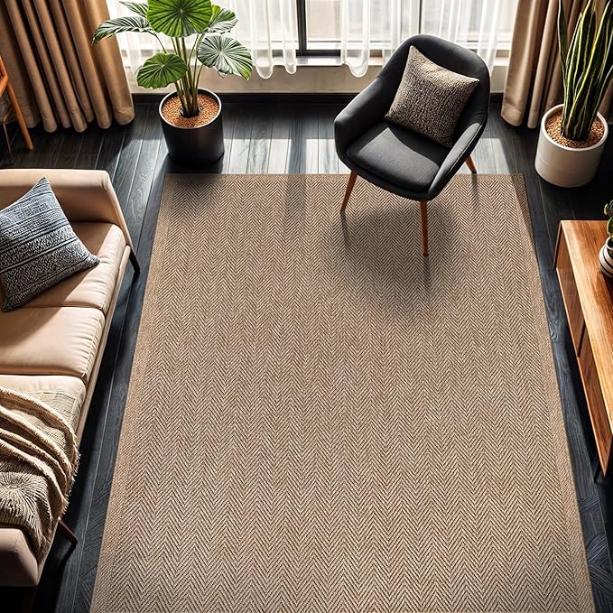 CAMILSON Easy Jute Rug 4x6, Indoor Outdoor Natural Color Fiber Area Rugs for Living Room Patio and Kitchen Rug Herringbone Seagrass Woven Design Easy-Cleaning Washable Outside Carpet Alfombras 4 x 6-Ruum Studio Home