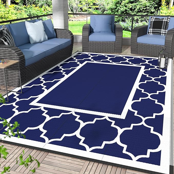 GENIMO 6' x 9' Outdoor Rug Waterproof for Patio Fall Decor, Foldable Reversible Plastic Straw Area Rugs Mat for Camper, Outside Carpet for Rv, Deck, Porch, Picnic, Beach, Balcony, Blue & Grey-Ruum Studio Home