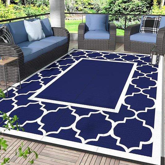 GENIMO 6' x 9' Outdoor Rug Waterproof for Patio Fall Decor, Foldable Reversible Plastic Straw Area Rugs Mat for Camper, Outside Carpet for Rv, Deck, Porch, Picnic, Beach, Balcony, Blue & Grey-Ruum Studio Home