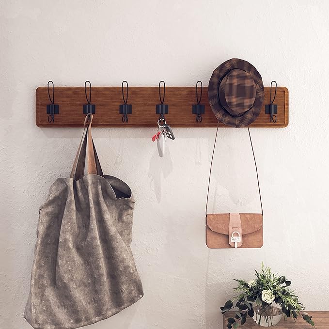 HBCY Creations Rustic Brown Solid Wood Wall Mounted Coat Rack with Shelf, 7 Hooks, 34" Long - Kitchen, Mudroom, Entryway, Bathroom - Includes Mounting Hardware, Coat Hanger, Dog Leash Hooks-Ruum Studio Home