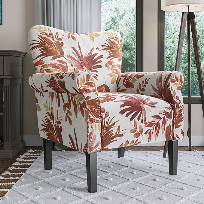 BELLEZE Modern Accent Chair for Living Room, High Back Floral Armchair with Wooden Legs, Upholstered Wingback Side Chair Padded Armrest Single Sofa for Living Room, Bedroom - Allston (Red Floral)-Ruum Studio Home