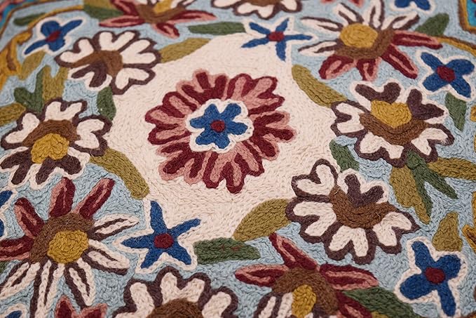 Turquoise Floral Pillow Cover Traditional Blue Flower Pillowcase Traditional Outdoor Cushion Suzani Flower Throw Florals Chair Farmhouse Hand Embroidered Cushions Wool 18x18 Inch-Ruum Studio Home