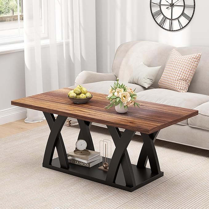 47” Wood Coffee Tables for Living Room Rustic Stands with Storage Shelf Black Blown Coffee Tables for Living Room Farmhouse Center Stands with Shelf. Farmhouse Rectangle Center Table-Ruum Studio Home