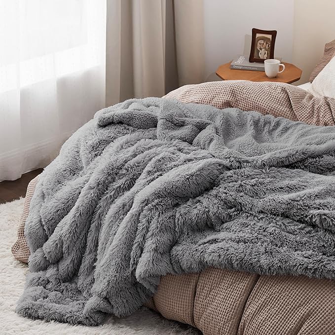 Bedsure GentleSoft Fluffy Grey Blankets Queen Size for Bed, Thick Sherpa Faux Fur Fleece Fuzzy Plush Winter Warm Heavy Soft Queen Blankets, Bedroom Decor Grey Gifts Cozy Gifts for Women Men, 90x90-Ruum Studio Home