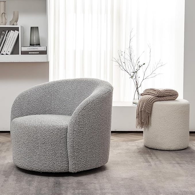KINWELL 34" Boucle Swivel Barrel Chair with 18" Round Ottoman Set, Fully Assembled Set of Sherpa Accent Chair and Footrest, Modern Comfy Armchair and Footstool for Living Room and Bedroom, Black White-Ruum Studio Home