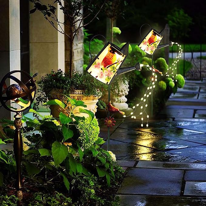 Garden Solar Lights Outdoor, Metal Watering Can Garden Stake Lights Cardinal Bird Decor Glass Art for Walkway, Pathway, Yard, Lawn-Ruum Studio Home