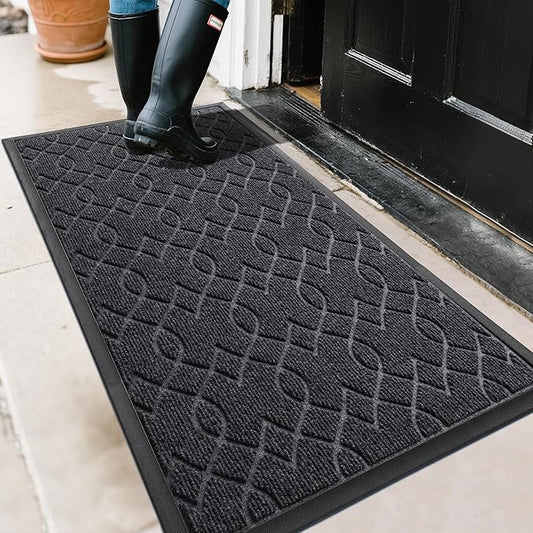 Yimobra Door Mat Outside Entrance, All-Season Front Outdoor Mats, All-Weather Welcome Doormat, Natural Rubber, Stain and Fade Resistant, Low Profile, Easy Clean Patio Porch Mat, 47x24, Black Gray-Ruum Studio Home