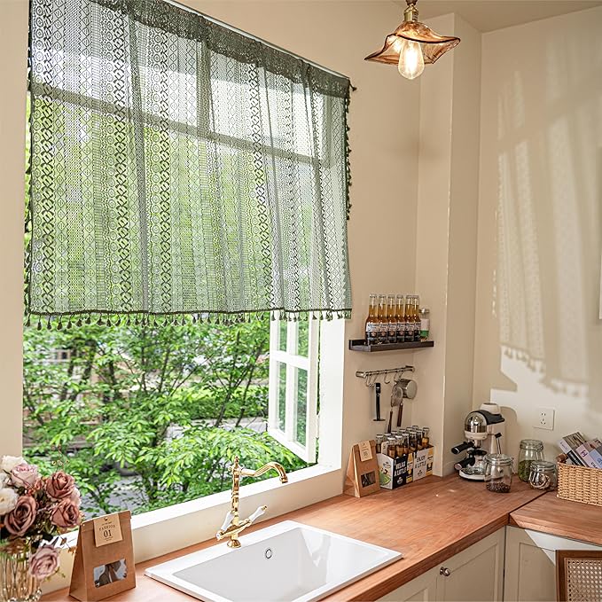 Sutuo Home Olive Green Boho Valance Curtains for Kitchen Cafe,Crochet Lace Sheer Bohemian Hollow with Handmade Tassels, Privacy Vintage Cottage Retro Farmhouse Tier, Rod Pocket 1 Panel 59" W x 36" L-Ruum Studio Home
