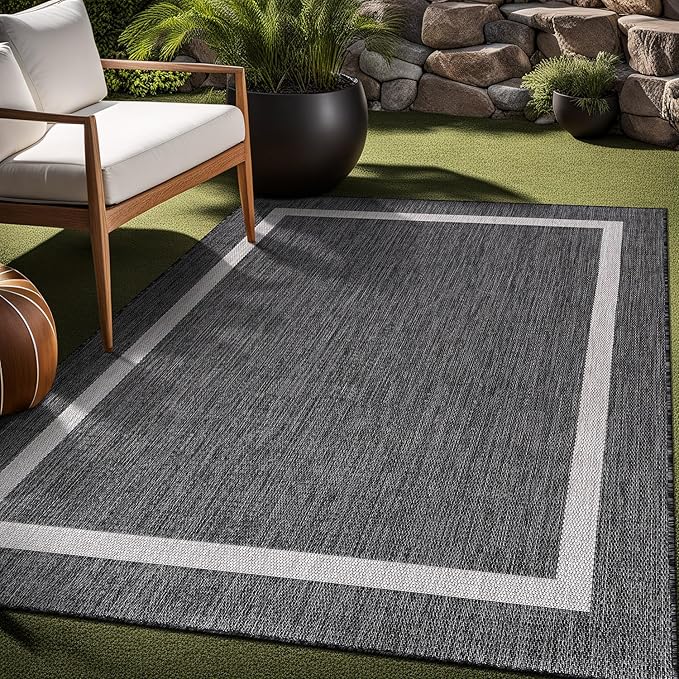 Bordered Outdoor Rug 8x10 Washable Outside Carpet for Indoor Patio Porch Waterproof Easy Cleaning Non Shedding Area Rugs Gray 8 x 10-Ruum Studio Home