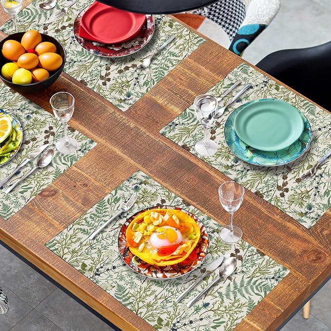 Sage Green Botanical Floral Placemats Set of 4 Vintage Tropical Herbs Fern Leaves Place Mats 12x18 Inch Seasonal Plant Spring Summer Linen Fabric Table Mats for Party Kitchen Dining Decor-Ruum Studio Home