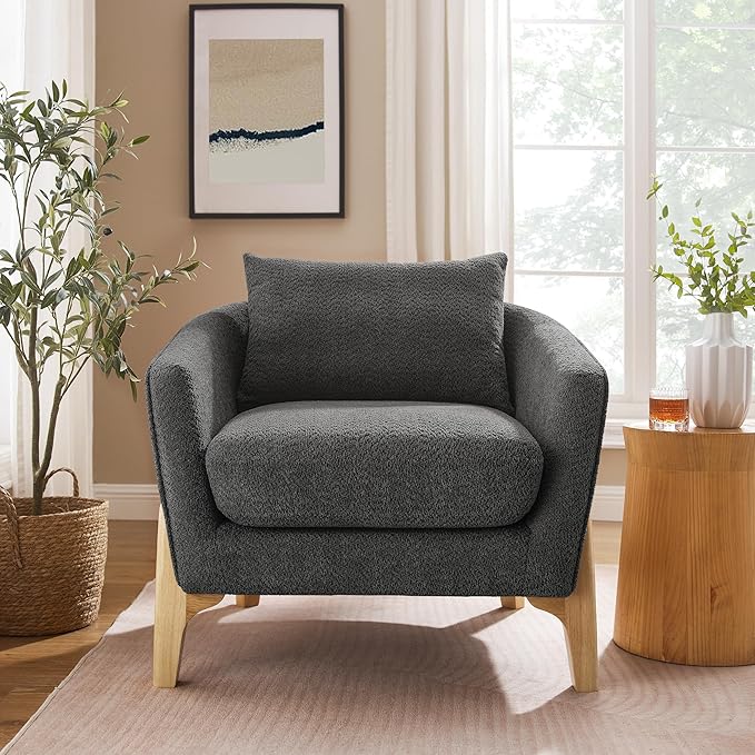 Accent Chair 31" Oversized Reading Chair Comfy Upholstered Boucle Lounge Armchair, Modern Living Room Chair with Back Pillow,Single Sofa Chair for Bedroom, Office (Grey)-Ruum Studio Home