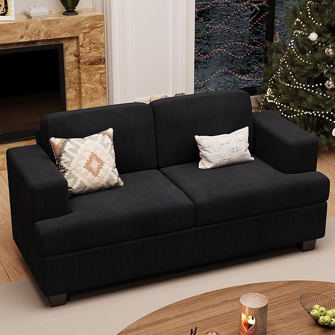 63” Corduroy Loveseat Sofa Couch for Living Room, Small Couch with Deep Seat for Bedroom, Comfy Could Loveseat for Small Living Room, Black Corduroy-Ruum Studio Home