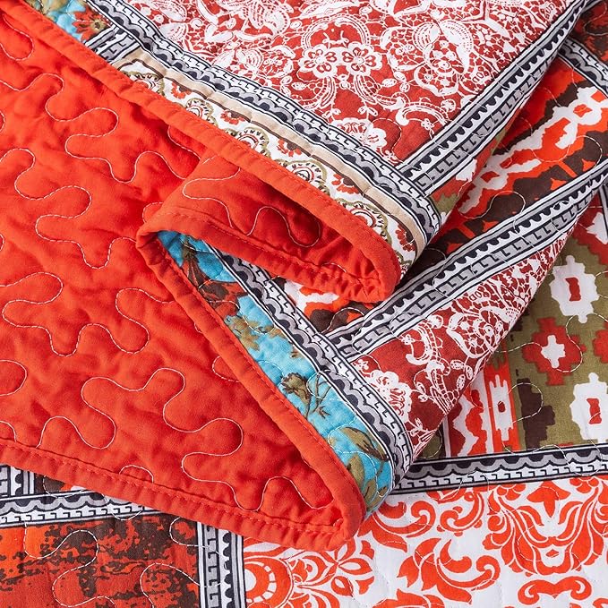 NEWLAKE Cotton Bedspread Quilt Sets-Reversible Patchwork Coverlet Set, Mediterranean Classic Bohemian Pattern,Queen Size-Ruum Studio Home