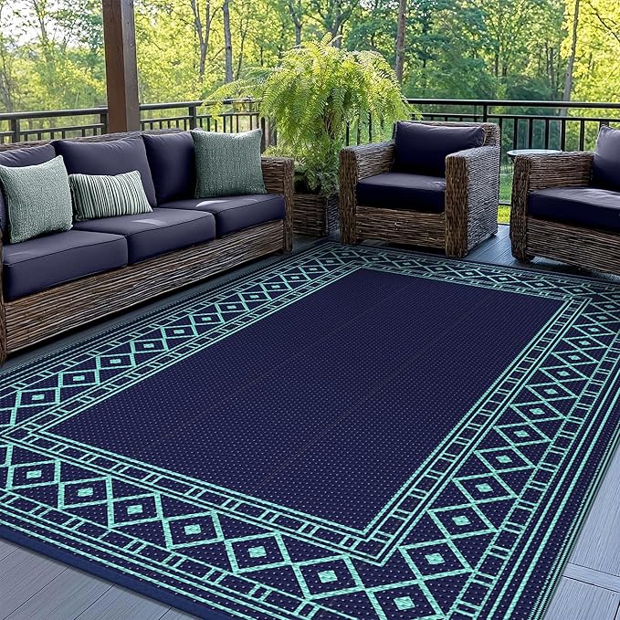 GENIMO Outdoor Rug Waterproof 6'x9' for Patio, Foldable Reversible Plastic Straw Carpet, Outside Area Mat for Patios, Rv, Deck, Picnic, Porch, Camper, Balcony, Beach, Navy Blue & Jade Green-Ruum Studio Home
