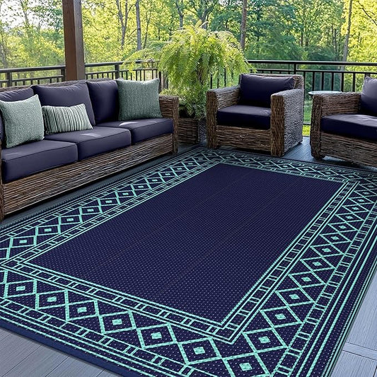 GENIMO Outdoor Rug Waterproof 5'x8' for Patio, Foldable Reversible Plastic Straw Carpet for Travel Trailers, Outside Area Mat for Rv, Deck, Picnic, Porch, Balcony, Beach, Navy Blue & Jade Green-Ruum Studio Home