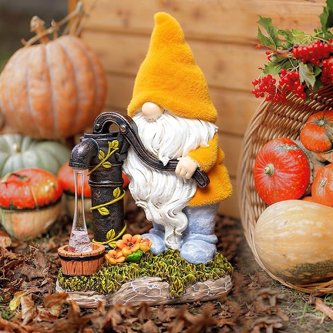 TERESA'S COLLECTIONS Fall Decor, Fall Gnomes Decor, Autumn Garden Gnomes Pumping Water with Solar Lights, Waterproof Resin Outdoor Fall Decor, Fall Gifts Outdoor/Indoor,9"-Ruum Studio Home