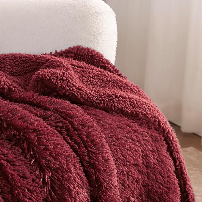 Bedsure GentleSoft Fuzzy Sherpa Faux Fur Twin Blanket Burgundy Red Cozy Gifts for Women Men, Soft Fleece Plush Warm Minky Thick Blanket Twin Size for Bed, Dorm Essentials Red Room Decor Gifts, 60x80-Ruum Studio Home