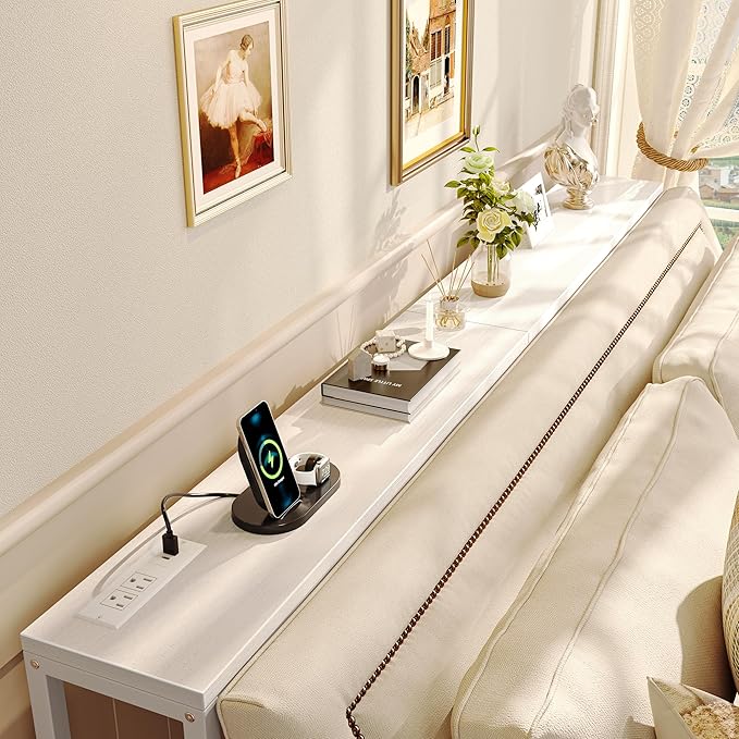 SUPERJARE 70 Inch Console Table with Outlet, Sofa Table with Charging Station, Narrow Entryway Table, Skinny Hallway Table, Behind Couch Table, for Living Room, White-Ruum Studio Home