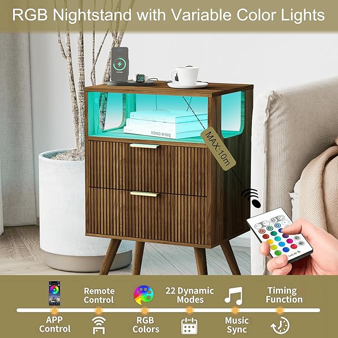 Nightstand with Charging Station and LED Lights,Modern Bedside Table with 2 Storage Drawer and Open Wood Shelf, for Bedroom and Small Spaces,Night Stand with Solid Wood Legs,Walnut Brown-Ruum Studio Home
