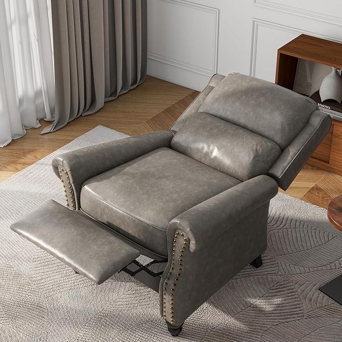 UIXE Pushback Recliner Chair, Faux Leather Armchair Push Back Accent Chair, Rivet Trim Club Chair Home Theater Overstuffed Single Sofa Reading Seat for Living Room, Gray-Ruum Studio Home