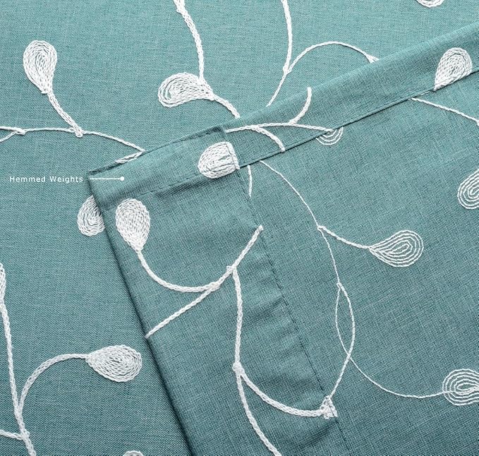 MIUCO Floral Embroidered Semi Sheer Curtains Faux Linen Grommet Window Panel Pair for Bedroom 52 x 63 Inch, Teal-Ruum Studio Home