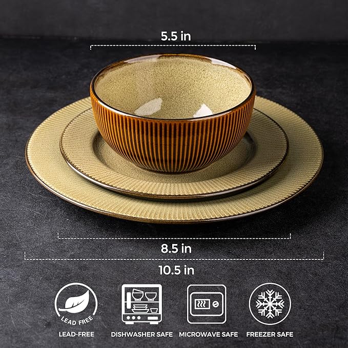 GBHOME Ceramic Dinnerware Sets,12 pcs Embossed Elegant Stoneware Plates and Bowls Sets, Housewarming Wedding Gift | Dishwasher & Microwave Safe | Dishes Set Service for 4-Ruum Studio Home